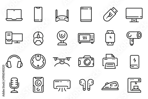 Device line icons. Electronics gadget, appliance. Desktop computer, monitor and laptop, smartphone and webcam, microphone and speaker, headphones and camera, printer and smartwatch. Vector set