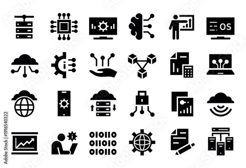 Information technology icons. Cloud computing, database server and artificial intelligence development, microchip, cpu and blockchain, fintech signs. Binary code programming, network vector set