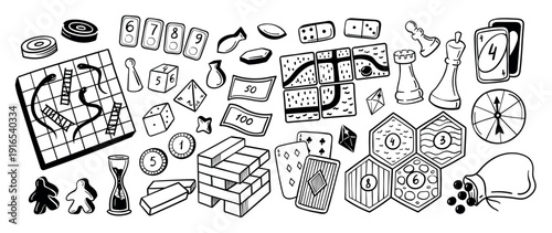 Board game doodle. Snakes ladders board, dice, dominoes, cards and chess, tokens, money, tiles, hourglass, spinner. Hand drawn vector illustration