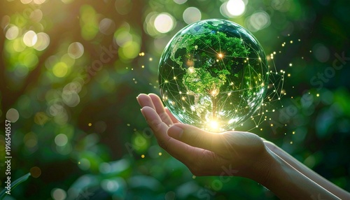 Protecting our Planet A human hand cradles a radiant green earth, embodying sustainable technology, global connectivity, and a hopeful future for nature and humanity