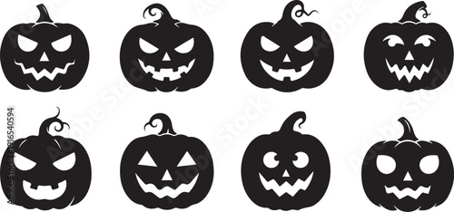 Halloween pumpkins with various spooky faces and expressions displayed