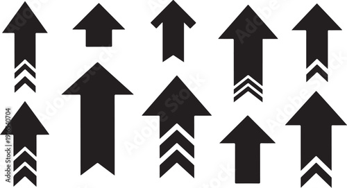 Collection of black arrows pointing upwards on white background