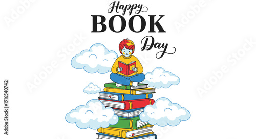 Vector illustration of a child sitting on a stack of books, celebrating Happy Book Day with a thoughtful expression, surrounded by clouds.
