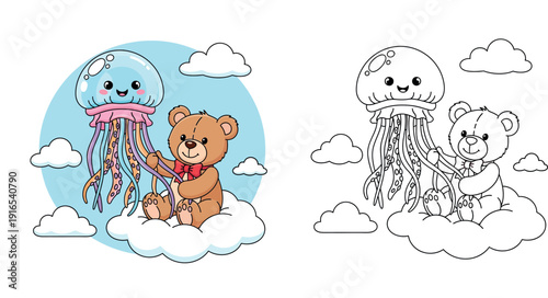 Cute cartoon teddy bear sitting on a cloud holding a happy jellyfish balloon in the blue sky, vector illustration for kids, whimsical fantasy concept art.