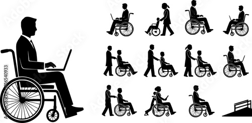 disabled man in wheelchair silhouettes vector. Silhouettes disabled in a wheel chair. Vector drawing rights in a wheelchair. silhouette businessman sitting on wheelchair over white background 