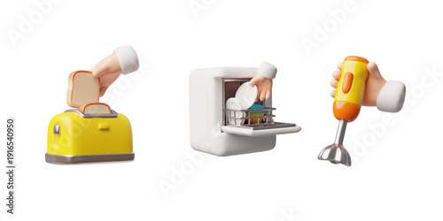 Open dishwasher with hand loads kitchenware 3D vector set, immersion blender and toaster, kitchen household appliances