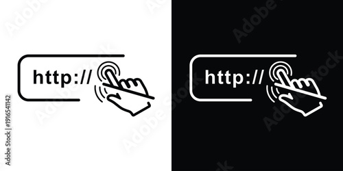 Interactive web browser icon with a hand clicking the address bar. Features circular tap ripples and a stylus line for touch screen interface and digital navigation concepts.