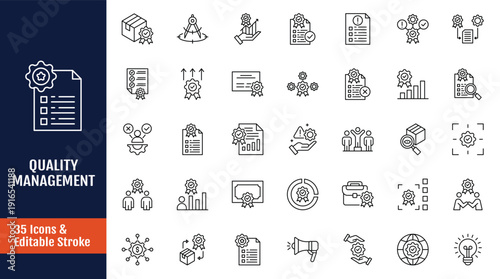 Quality management icon set. Icons related to Assurance, product, service, achieve, planning, customer and more. Outline icon with Editable stroke. Vector illustration