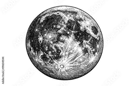 Detailed engraving of the moon with craters and texture