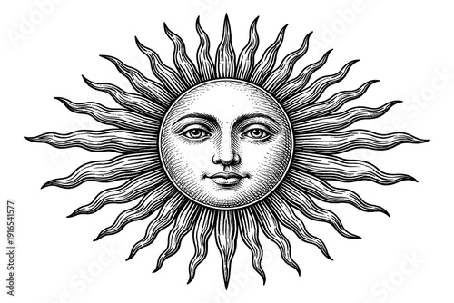 Detailed sun with face: retro engraving style illustration of a radiant solar symbol