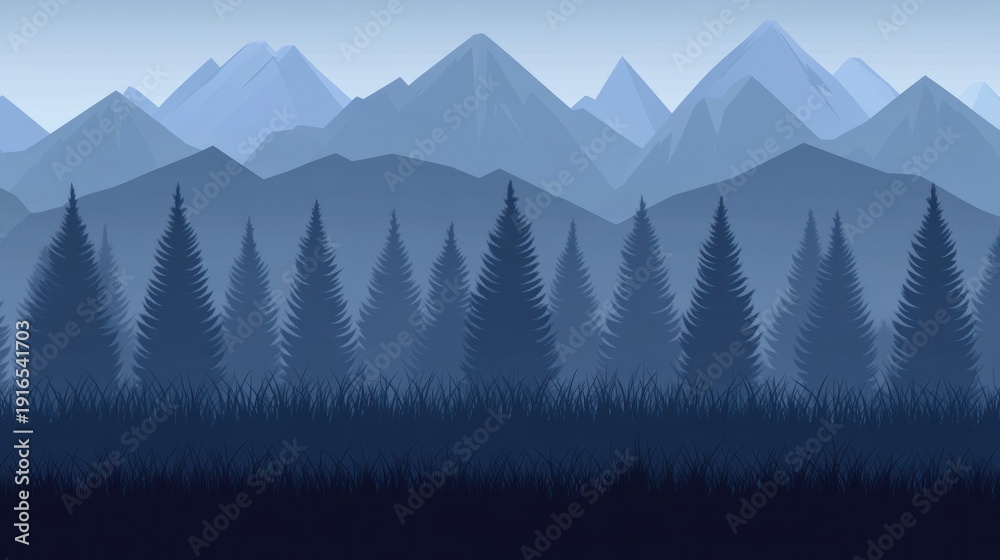 Fototapeta premium Silhouette of mountains and trees in cool blue tones