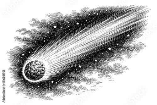 Vintage cosmic comet with stars and clouds in detailed monochrome