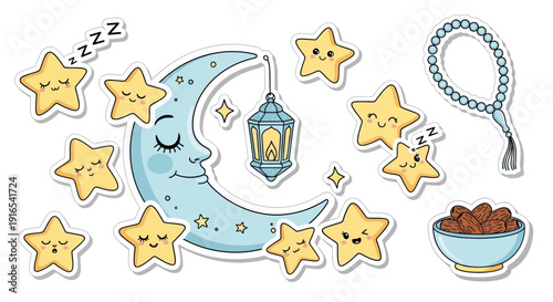 Cute Ramadan Crescent Moon and Star Illustration Featuring Smiling Moon Character, Islamic Lantern, Decorative Stars, Soft Clouds, and Pastel Background Representing Spiritual Joy, Night Worship, Peac