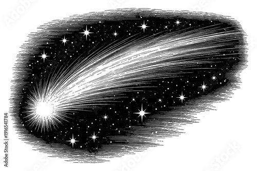 Vintage celestial night sky with shooting star and glowing comet trail