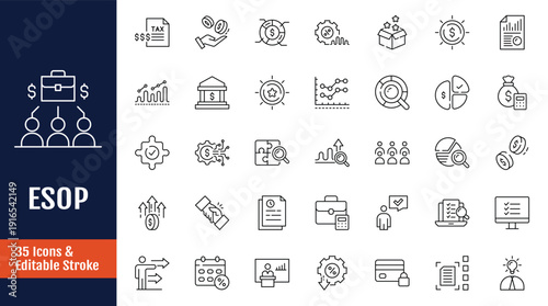 esop icon set. Icons related to ownership, shares, equity, stock, plan, option, benefit, allocation, dividend, vesting. Outline icon with Editable stroke. Vector illustration