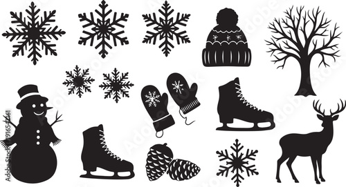 Winter icons and symbols in black and white illustration