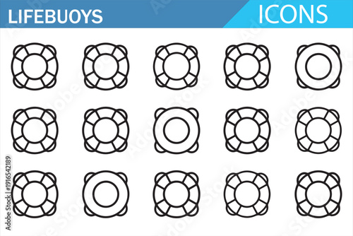 Ocean Safety Lifebuoy Icon Set – Flat Outline Vector Illustration