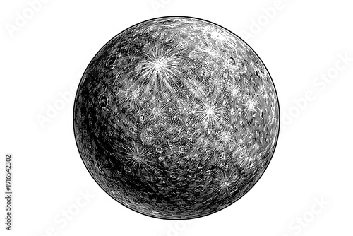Detailed black and white engraving of the moon with craters and starburst patterns
