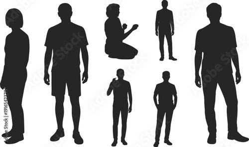 Silhouettes of diverse individuals in standing, kneeling, and gesturing poses, highlighting human posture, clothing styles, and expressive body language for design, educational concepts.