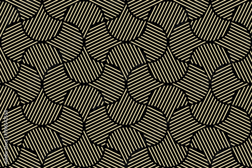 Abstract geometric pattern with stripes, lines. Seamless vector background. Golden and black ornament. Simple lattice graphic design