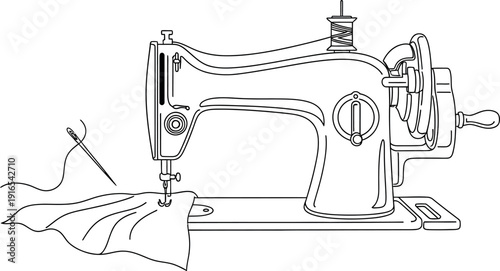 Vintage sewing machine with fabric and needle