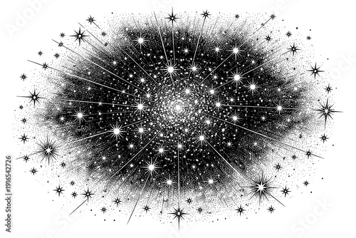 Cosmic explosion starburst in black and white ink style