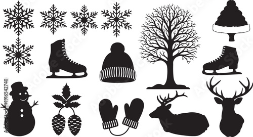 Winter icons and symbols in black and white color