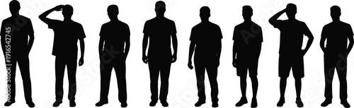 Silhouettes of eight men in casual clothing, standing in varied postures and gestures including saluting, relaxed stances, and expressive body language for design,  illustration concepts.