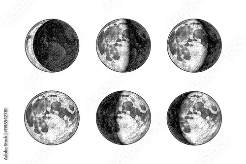 Vintage engraving lunar phases depicting the moon's celestial journey