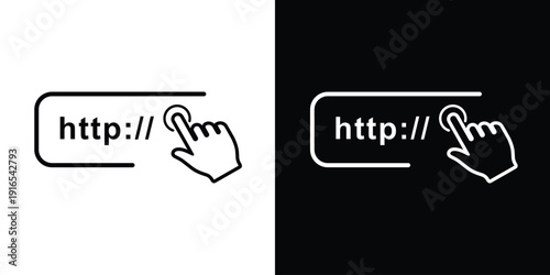 Minimalist web URL address bar icon with "http://" and a hand clicking the cursor. Linear vector set in black and white backgrounds for website UX/UI design and digital access.