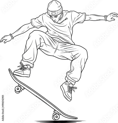 Young man performing skateboard trick in mid-air