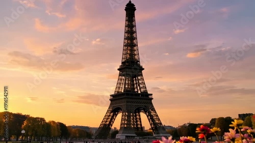 Eiffel tower silhouetted against a colorful sunset in paris,france featuring flowers and trees in the foreground