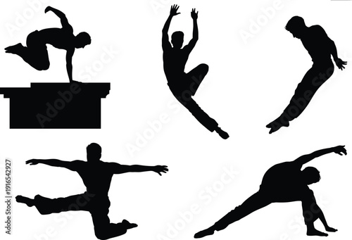 Dynamic human silhouettes, expressive dance poses, acrobatic leaps, parkour vault, ballet jeté, contemporary movement, athletic performance, graceful choreography illustration