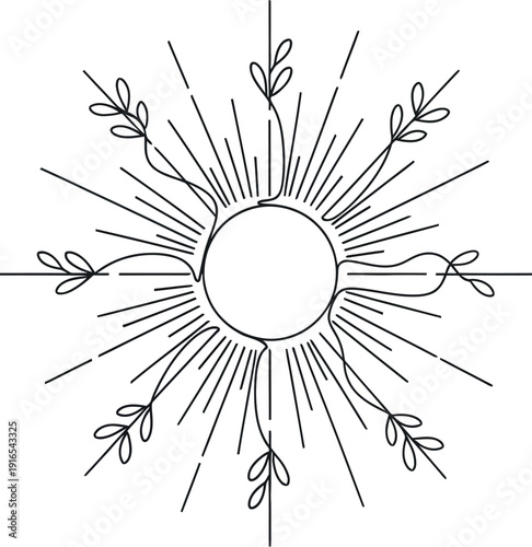 Minimalist sun symbol with leaves and rays