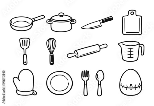 Simple vector line icons of kitchen utensils and cooking tools, hand-drawn doodle style on white background.