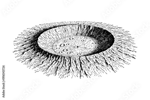 Detailed black and white engraving of a lunar crater with textured surface