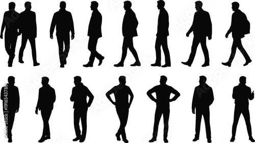 Silhouettes of fourteen men in standing and walking poses, showing diverse postures with hands in pockets, arms crossed, and gesturing for design, animation, and body language concepts.