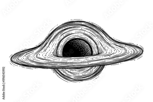 Intricate monochrome saturn with rings in detailed sketch style on white background