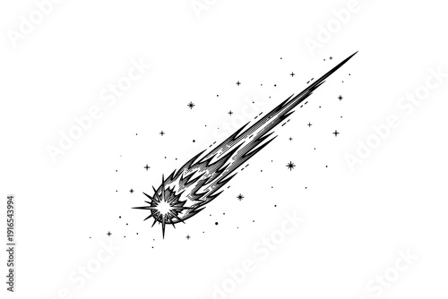 Dynamic hand-drawn shooting star with sparkling trail in black and white