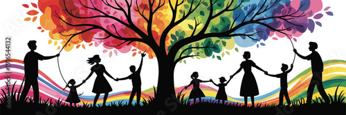 Colorful tree with rainbow leaves, children silhouettes, family unity, diversity celebration, joyful play, community bonding, harmony, nature connection, togetherness