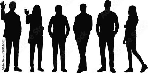 Silhouettes of six individuals in casual and business attire, standing in varied poses with gestures such as waving, representing diversity, identity, and design illustration concepts.