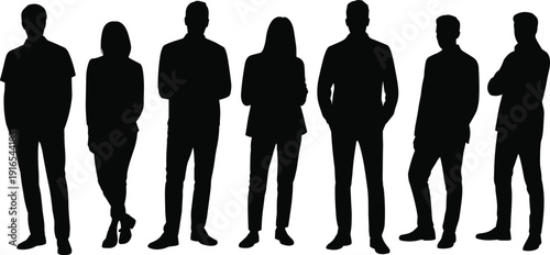 Silhouettes of seven individuals standing side by side, each in distinct postures and gestures, representing diversity, anonymity, and group dynamics for design illustration concepts.