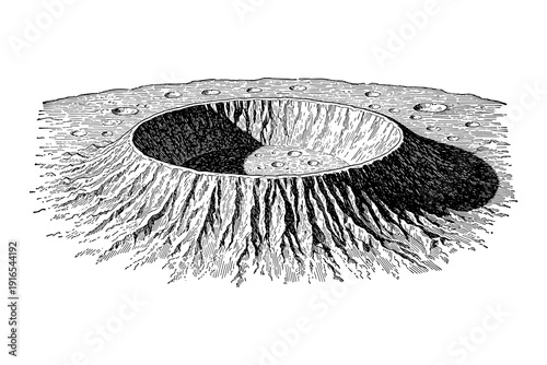 Detailed engraving of lunar crater with textured surface and shadow effects