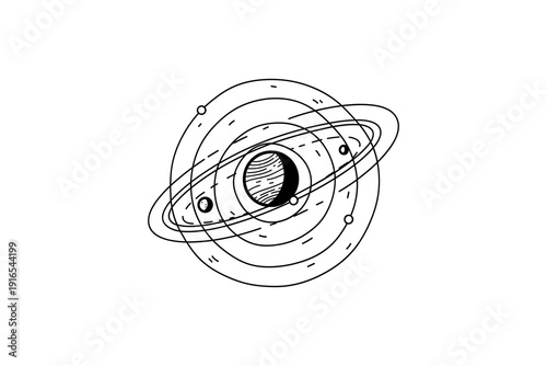 Minimalist celestial orbit illustration with planet and rings