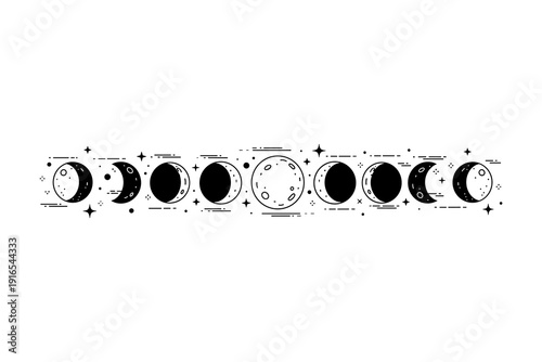 Phases of the moon in minimalistic black and white illustration