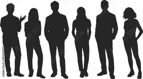 Silhouettes of six individuals in casual standing poses, with varied gestures and clothing styles, representing diversity, posture, and body language for design, demographic concepts.