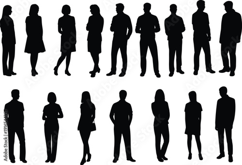 Silhouettes of sixteen diverse individuals arranged in two rows, standing in varied postures and gestures, representing diversity, anonymity, and group dynamics for design illustration.