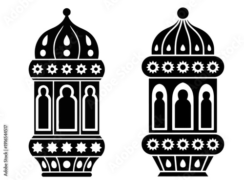 Black and white lanterns with arched windows