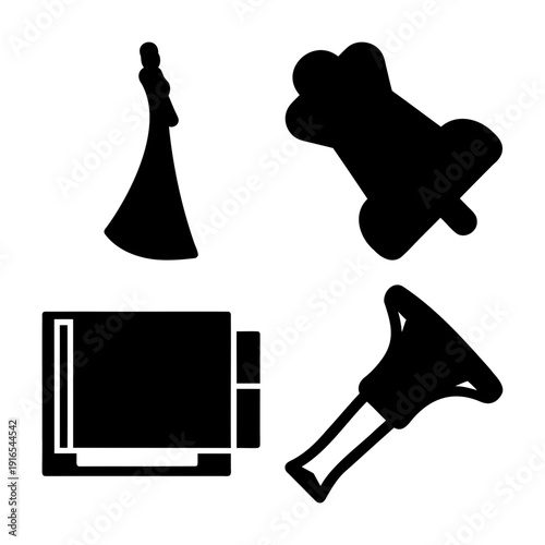 A minimalist black and white icon set featuring common objects and a human silhouette