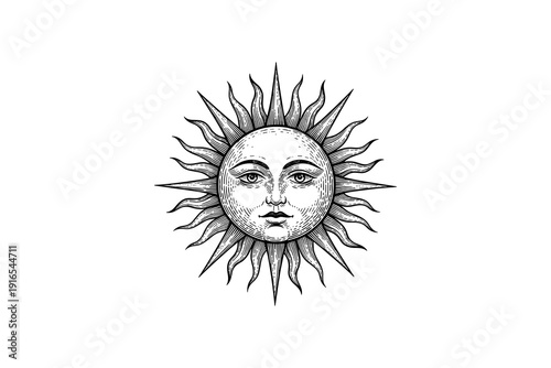 Vintage sun design with stylized face and radiant rays in black and white